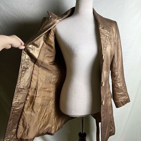 Vintage Y2K Gold Leather Short Trench Coat Belted Jacket Button Down Small - Picture 7 of 9